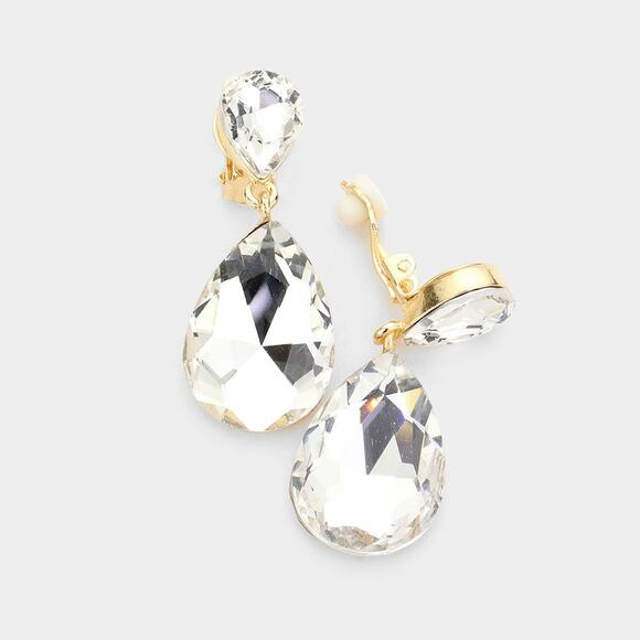 Clip on 1 3/4" gold and clear stone double teardrop dangle earrings - Picture 4 of 4